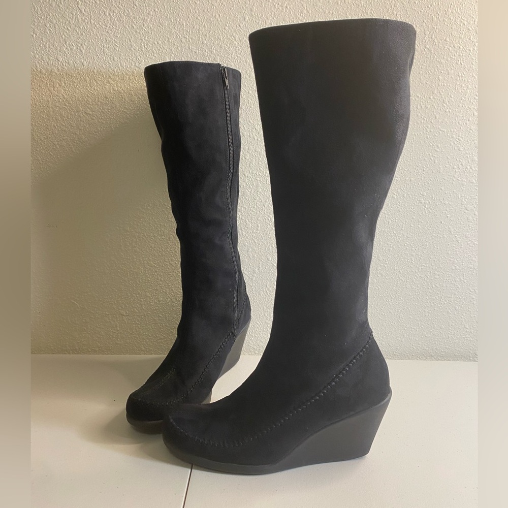 A2 Blk Suede W/8.5 Wool gather Moccasin Fabric Upper Balance platform knee high